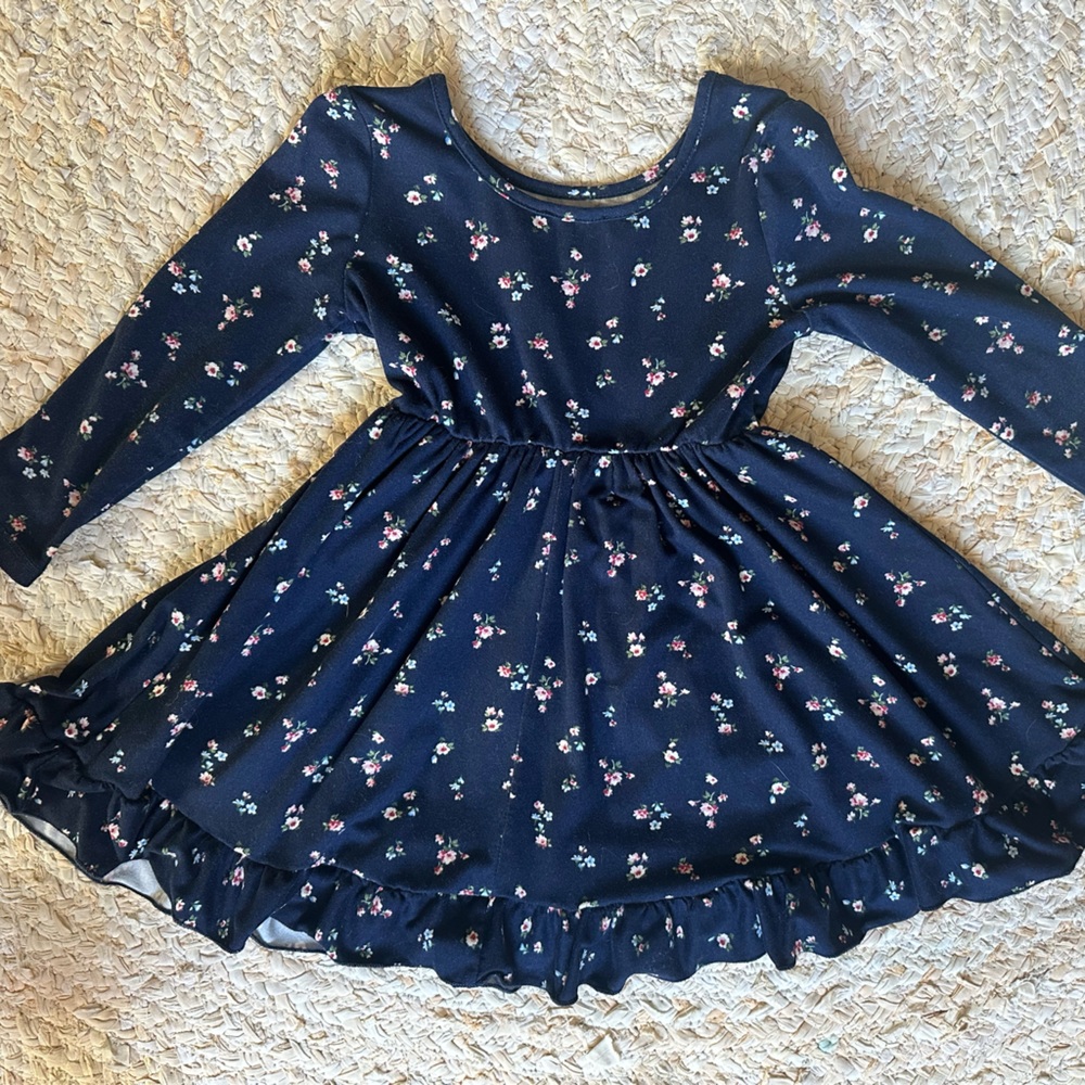 Zunie Navy Blue Floral Twirl Long Sleeves Dress ruffled hem cinched waist EUC - Picture 2 of 6